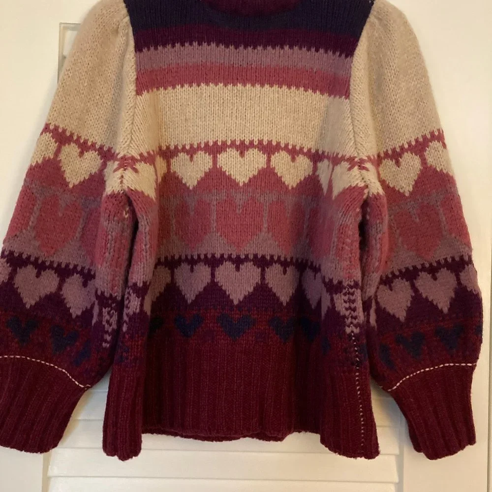 LoveShackFancy Prune/Multicolor Shirelle Heart Balloon-Sleeve Pullover Sweater - Picture 7 of 12